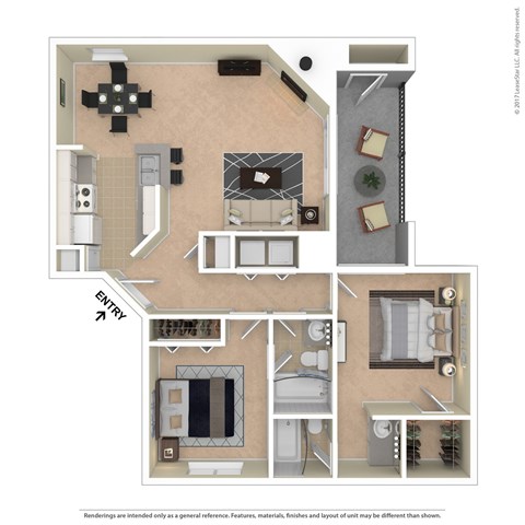 Floor plan for 2 beds, 2 baths, 975 sqft